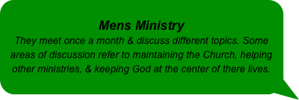 
Mens Ministry 
They meet once a month & discuss different topics. Some areas of discussion refer to maintaining the Church, helping other ministries, & keeping God at the center of there lives. 

